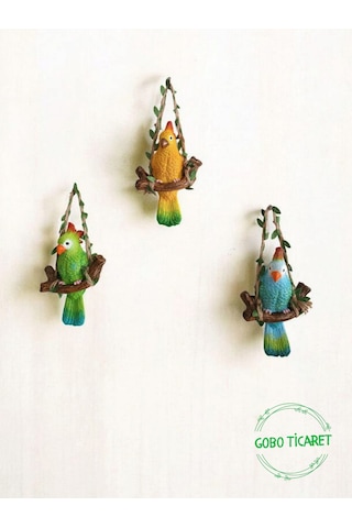 3 Adet Dekoratif Sallanan Duvar Ve Bahçe Süsü Kuş Biblo Yeşil