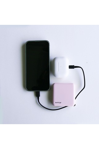 Raptic 5000 mAh Lightning - Type-C Kablolu Dijital Led Göstergeli Askılı Powerbank Pembe