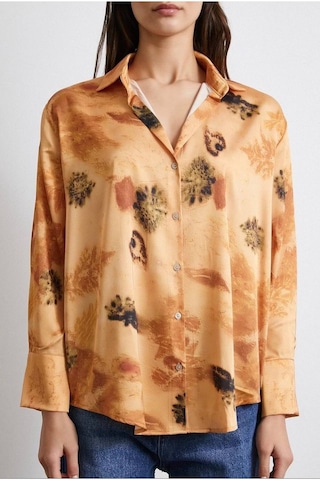Kadın Uzun Kol Desenli Renkli Pamuk Saten Premium Kalite Spor Şık Gömlek Turuncu