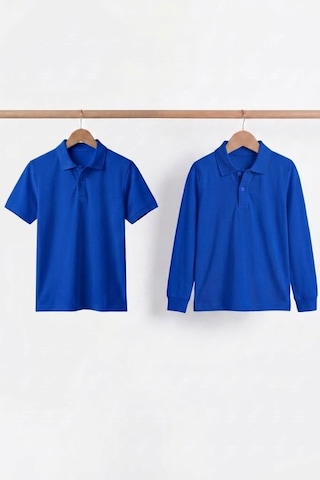 Nacar Store Unisex Çocuk Uzun Ve Kısa Kollu Polo Yaka Okul Tişörtü 2'li Set Saks Mavi