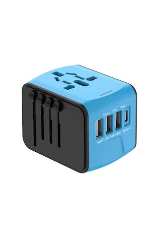 Hombey Mavi Evrensel Seyahat Şarj Aleti - 4 Port 3 Usb + Type-c Hızlı Şarj, 150+ Ülke Uyumlu, 5 Cihazı Eş Zamanlı Şarj Edebilir