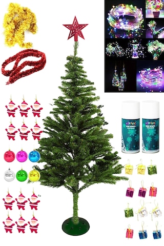150 Cm Yılbaşı Çam Ağaç Seti 10 Metre Pilli Rgb Ledli Işık Tepe