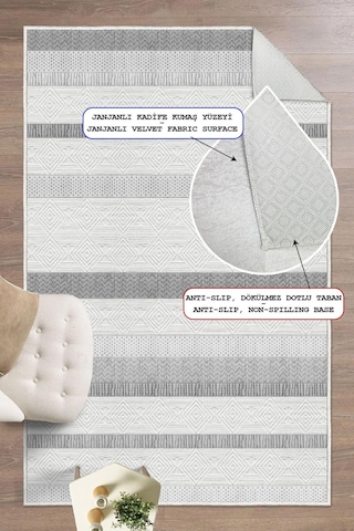 Kilim Desenli Dekoratif Kaymaz Taban Yıkanabilir Halı Salon Halısı Gri