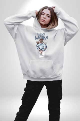 Süper Anne Anneler Günü Doğum Hediyesi Kadın Erkek Beyaz Kapüşonlu Sweatshirt Hoodie Beyaz