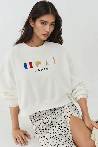 Hiccup İşlemeli Yuvarlak Yaka Sweatshirt Beyaz