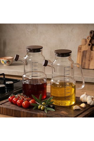 Porsima Lm-0107 Evora Kapaklı Borosilikat Cam 2li Yağlık Sirkelik Yağdanlık Seti 1000ml Şeffaf
