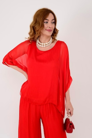 Bohem Stil İtalyan Yarasa Kol İpek Bluz & Pantolon Takım-8767 Kırmızı