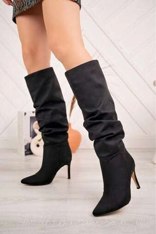 Syt-2003 Siyah Süet Körüklü İnce Topuklu Günlük Bayan Çizme Siyah
