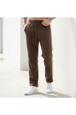 Plus Scorpion Erkek Slim Fit Eşofman Altı Yan Şeritli Pamuklu Kahverengi