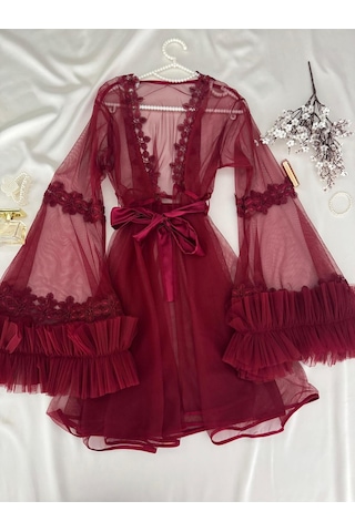 Mh Moony Homewears Kutulu Türkan Bordo Destekli Gecelik Sabahlık Seti Bordo