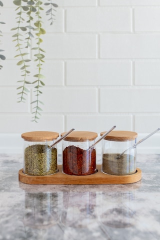 Flosoft Doğal Ahşap Kapaklı Kaşıklı 3’lü Mika Baharatlık, Ahşap Stantlı Sosluk Reçellik Baharatlık Seti Diğer