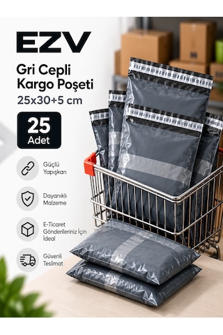 Gri Cepli Kargo Poşeti 25x30+5 Cm 25 Adet Yapışkanlı, Şeffaf Evrak Cepli