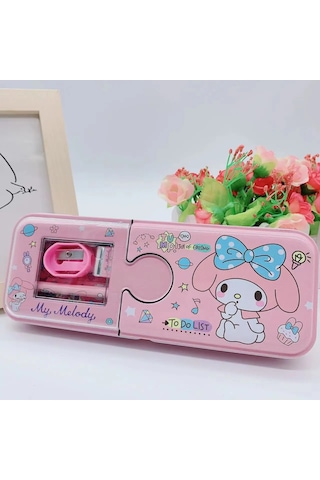 Kawaii Sanrio My Melody Metal Kalem Kutusu Kırtasiye Seti Cinnamoroll Kuromi Kalemlik Hediye Seti Pembe