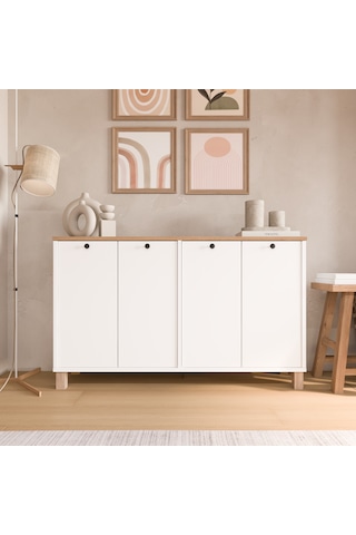 Robin Home Alaska Konsol 4 Kapaklı Ahşap Ayaklı 120cm Sepet-beyaz Beyaz