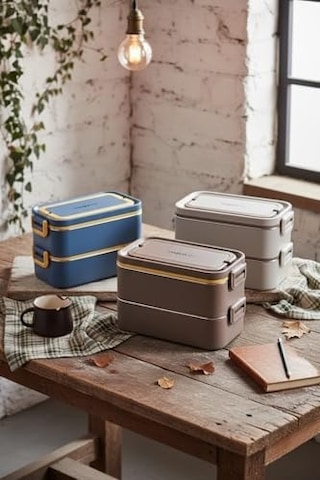 Bento 2000ml Lunchbox 2 Katlı 3 Bölmeli Mini Kaseli Çelik Sefer Tası Yemek Kutusu Lacivert-sarı Bakır