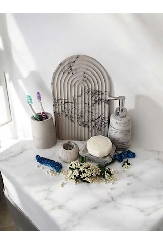 Marble Serisi Antrasit 5 Li Beton Banyo Seti, Sıvı,katı Sabunluk,diş Fırçalık,tepsi,aksesuar,dekor Gri