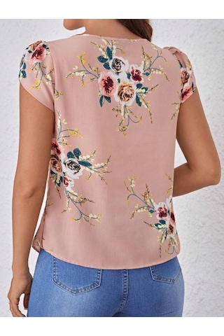 Modasize Kadın Kısa Kollu Bisiklet Yaka Çiçek Baskılı Süprem Bluz Pembe