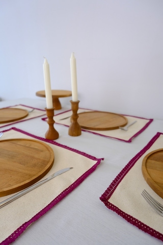 Yakacihome 4'lü Terra Duck Keten Fisto Dantel Biyeli Otantik Supla Amerikan Servis 35x50 Cm Bordo - Krem