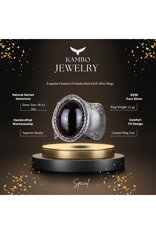 Doğal Taş Yüzük, 925 Ayar Gümüş Yüzük, Cabochon Garnet Gümüş