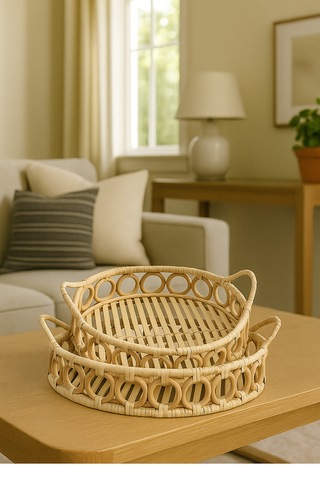 El Yapımı 2 Li Doğal Rattan Sunum Ve Servis Tepsi Seti Bohem Tarz Dekoratif Tepsi 35 Cm & 30 Cm Rattan