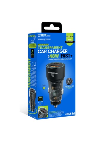 Acc-05 48w Şeffaf Gövdeli Hızlı Araç Şarj Cihazı Pd 30w + Qc 3.0 18w Çift Portlu Akıllı Şarj Başlığı