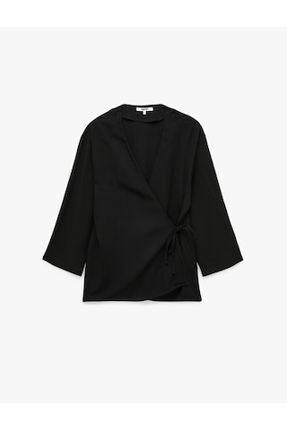 Koton Keten Karışımlı Yandan Bağlama Detaylı Kruvaze Kimono Siyah 6sak50004pw