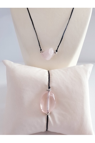 Pembe Kuvars Doğal Taşlı Kolye ve Bileklik Takı Seti