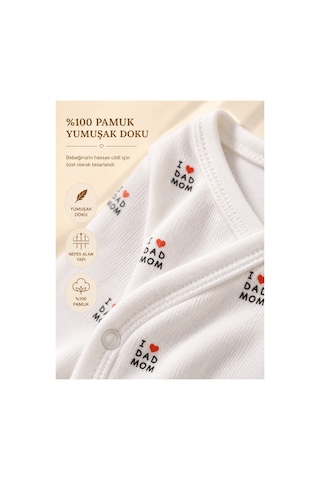 Lilliy %100 Pamuklu 7 Parça Yenidoğan Bebek Hastane Çıkış Takımı I Love Dad Mom Desenli 0-3 Ay Beyaz