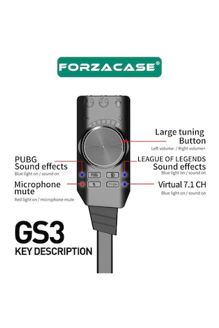 Forzacase Usb Dsp Harici Ses Kartı 7.1 Kanal 3.5mm Kulaklık Mikrofon Çevirici, Pubg Lol Efekt Fc1225