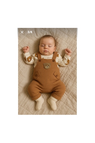 Uğur Bebe Ayı Desenli Erkek Bebek Tulum 3lü Tulum Seti Zıbın Tulum Çorap 3-6-9ay Bebek Kıyafeti Kahverengi Kahverengi