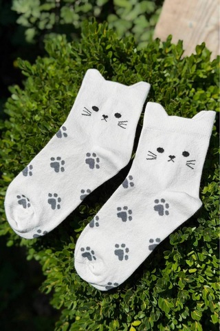 Lousocks Unisex Kedi Kulaklı Pati Desenli Gri Melanj Soket Çorap