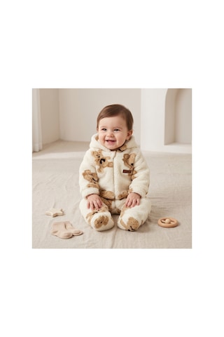 Deniva Kids Unisex Bebek Ayıcıklı Welsoft Peluş Fermuarlı Kapüşonlu Patikli Kışlık Astronot Tulum - Krem 6 - 9 Ay
