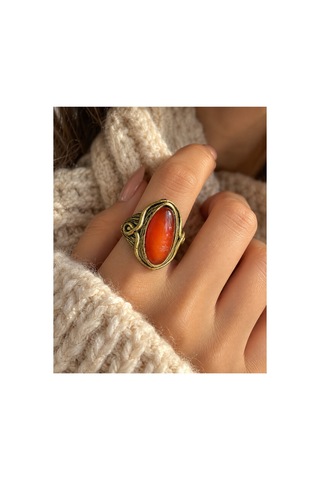 Esoo Jewelry Yılan Figürlü Akik Taşlı Ayarlanabilir Yüzük Antik Pirinç Unisex Gold