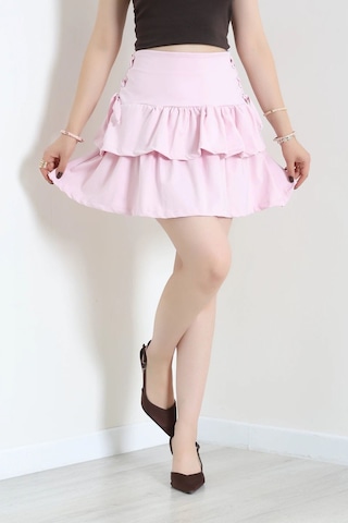 Modi Bağcık Detaylı Volanlı Etek Pembe - 44201.1968. Açık Pembe