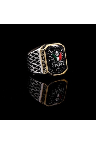 925 Ayar Gümüş Mineli Osmanlı Devlet Armalı Erkek Yüzük Çok Renkli