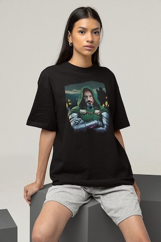 Doom Baskılı Unisex Tişört, Oversize Doctor Doomstay Marvel Karak Siyah