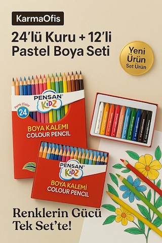 24 Lü Kuru Boya + 12 Li Pastel Boya Seti Canlı Renkler, Yumuşak