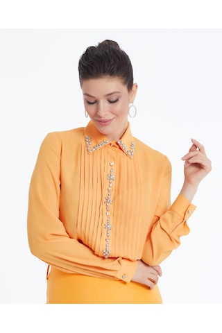 Kadın Taş Detaylı Gömlek Şık Düğme Ve Yaka İşlemeli Orange
