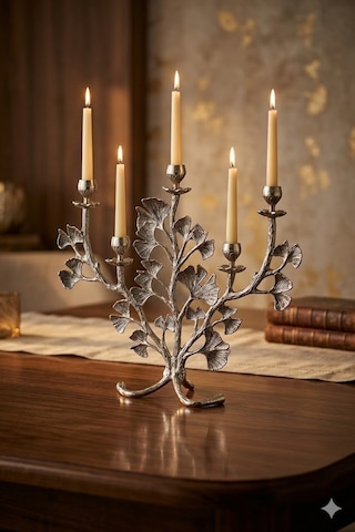 Gıngko Leaf 5 Lıghts Candle Holder Nıckel Antıque 45,8x15,5x42 Cm Gümüş