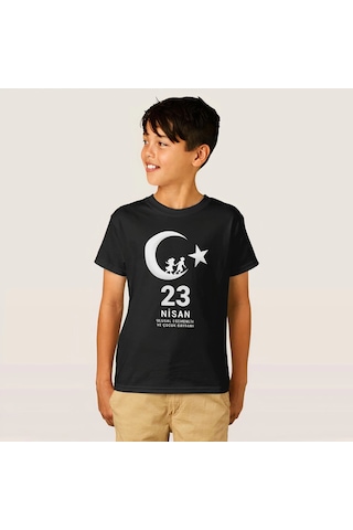 Wear Vexel Çocuk 23 Nisan Ulusal Egemenlik Ve Çocuk Bayramı Baskılı Bisiklet Yaka T-shirt - Siyah Çok Renkli