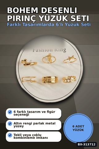 Bohem Desenli 6 Adet Pirinç Yüzük Seti - 7-8 Numara, Bayan Bijuteri Takı Bx-313712 Çok Renkli