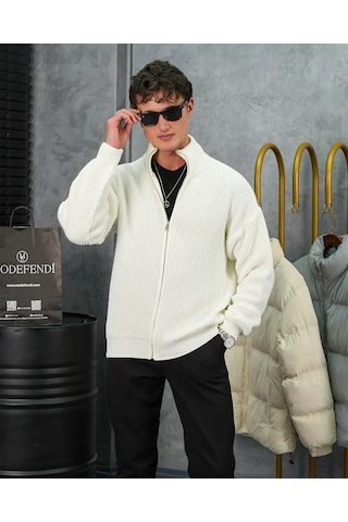 Modefendi Yüksek Kalite Örgü Desen Fermuarlı Triko Hırka Beyaz