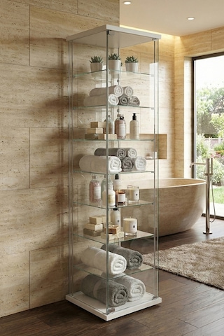 Cam Raflı Kapaklı Düzenleyici Banyo Dolabı Çok Amaçlı Lavabo Malzeme Dolap Havluluk Organizer Beyaz-7raf