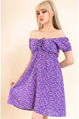 Aqe Fashion Kadın Lila Önü Büzgülü Beli Lastikli Elbise Lila