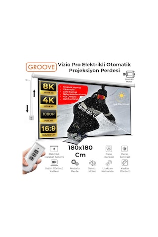 Groove Vizio Pro 180x180cm Blackout Işık Geçirmez Elektrikli Otomatik Kumandalı Projeksiyon Perdesi +motorlu+canlı Renkler+göz Koruması+leke Tutmaz Projector