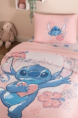 Özdilek Stitch Aloha Tek Kişilik Disney Lisanslı Lastikli Çarşaf Çocuk Pike Takımı Pembe