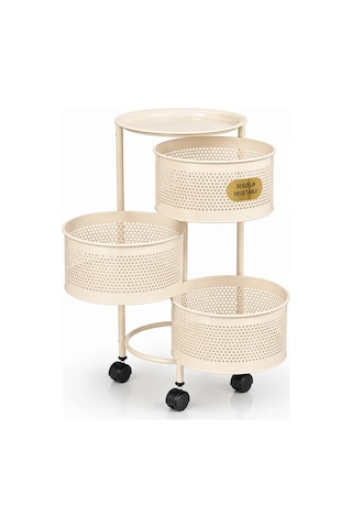 River World Tekerlekli Rengi Krem Açılabilen 3 Katlı Çok Amaçlı Metal Raf Mutfak, Balkon, Kiler Çok Renkli