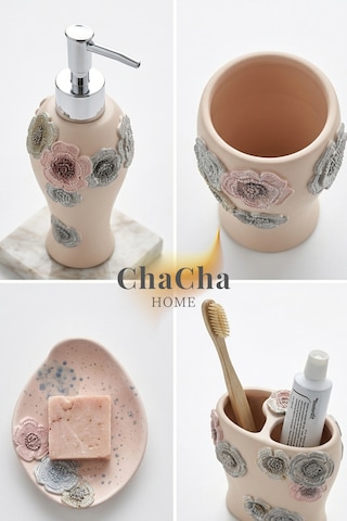 Lüks Seramik Banyo Seti 4 Parça Kabartmalı Floral Çeyizlik Dekoratif Banyo Takımı Pudra