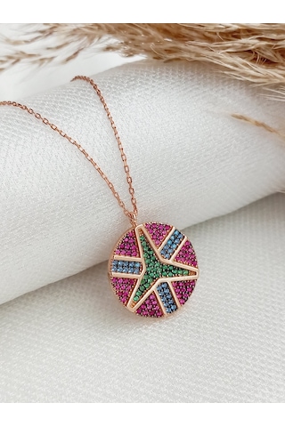 Gümüş Yeşil Mavi Pembe Zirkon Taş Barış Peace Madalyon Kolye