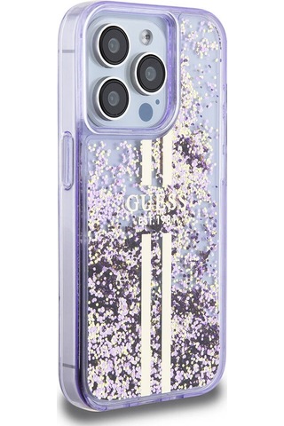 Apple Uyumlu iPhone 15 Pro Kılıf Guess Lisanslı Transparan Sıvılı Simli Altın Çizgili Kapak Mor